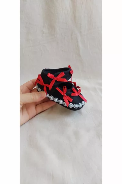 Newborn Baby Girl Black Booties with Red Bow / Baby Shower Gift / Mevlüt Shoes