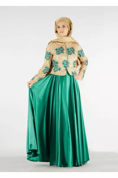 Robe de soirée brodée à col dominant vert (EMERALD-GOLD) pour femme 