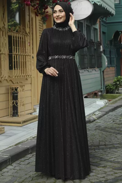Hijab Evening Dress with Waist Stone - Black