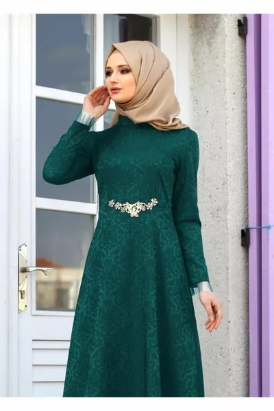 Damen Grün (K.GREEN) Richterkragen Tüll Detail Abendkleid 