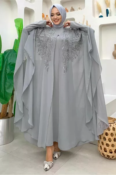 ABITO DA SERA DONNA CON MANTELLA RICAMATA CON PAILLETTES GRIGIE T 