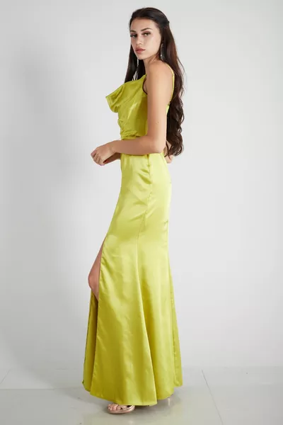 Rope Strap Degaye Collar Satin Evening Dress Pistachio 