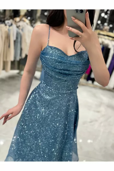 Mariana Önü Drapeli Pul Payet Kemerli Simli Elbise-Bebe Mavi