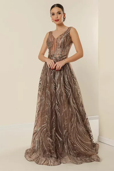 Voorkant Achterkant V-hals Transparant Glitter Gedetailleerde Lange Jurk Goud