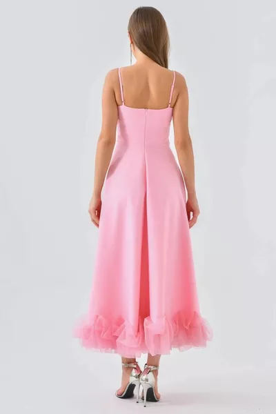 Жените памук атлас плат пола тюл подробни тънка каишка Midi дължина розова вечерна рокля 