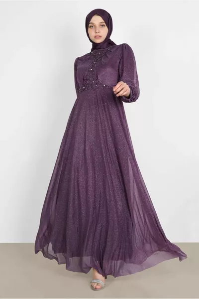 Dames Paarse Kraal Geborduurde Glitter Avondjurk 