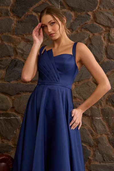 Lacivert Drape Detaylı Maxi Boy Saten Abiye Ve Gece Elbisesi