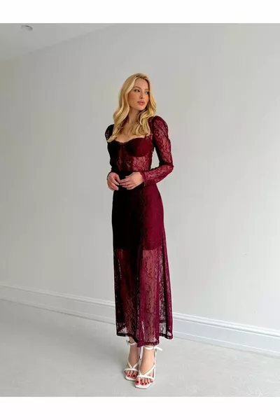 Кружевная деталь, Корсаж, Миди, Разрез, Бордовое платье