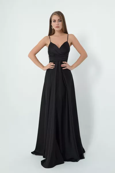 Women's Black Rope Strap Waist Belt Satin Long Evening Dress & Graduation Dress