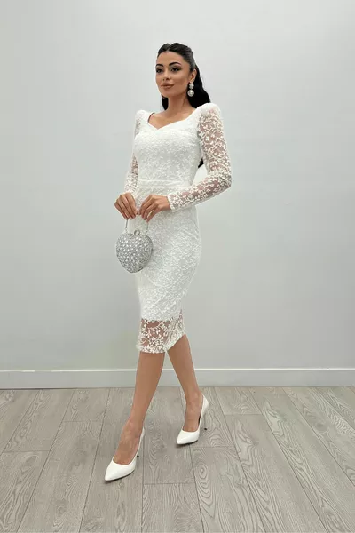 Тюл Блясък Плат Молив Вечерна Рокля - Бяла