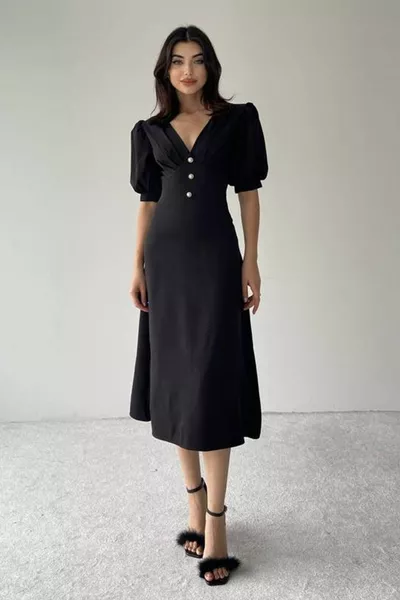 Cotton Atlas Fabric Button Detail V-Neck Short Balloon Sleeve Midi Length Black Evening Dress 