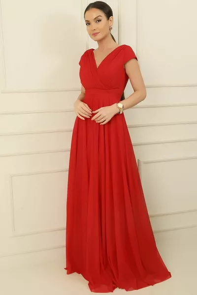 Double-breasted Collar Nail Sleeve Full Circle Flared Lined Chiffon Tulle Long Dress