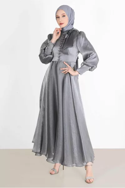 Robe de soirée en tulle gris à boutons pour femmes 