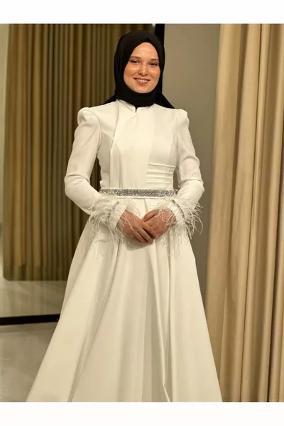 Weiße Sterne Neue Saison Hijab Taille Sitz Taille Gürtelärmel Gefiedertes Abendkleid 