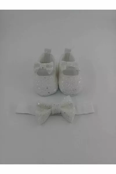 Mihrimah White Glitter Ballet Flat специален продукт с бебешки обувки и комплект бандана