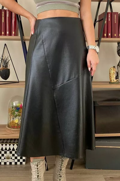 Swarıus Asymmetrischer maßgeschneiderter Damen-Lederrock mit detaillierten Details Schwarz