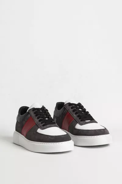  Baskets à lacets en cuir véritable pour homme gris/rouge