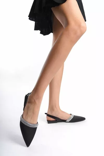 المرأة الباليه الشقق الحجر الأسود الساتان مريحة وحيد وأشار اصبع القدم