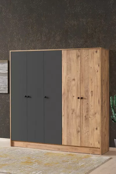 Armadio Diva a 5 Ante con Ripiani, Appendini e Scomparti, Pino Atlantico e Antracite, Cm