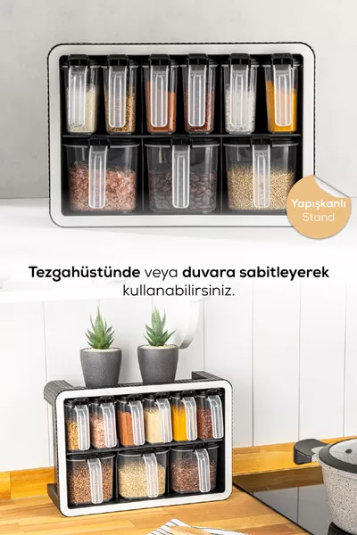 Beyaz Serigrafi Etiketli 9'lu Standlı Kendinden Yapışkanlı Kaşıklı Baharatlık Seti Siyah