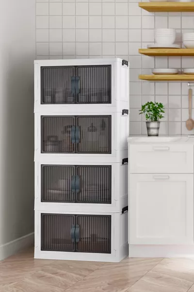 4-Piece Portable Stackable Organizer Cabinet with Magnetic Lid - Hard Plastic Kitchen Bathroom Cabinet