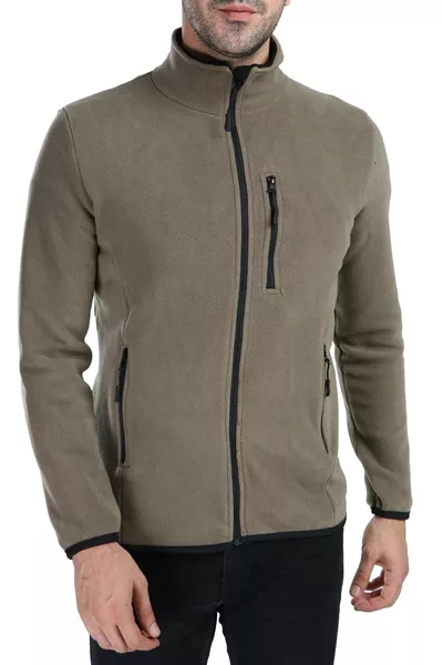 Men's Full-Zip 3-Pocket Open Khaki Outdoor Fleece Jacket