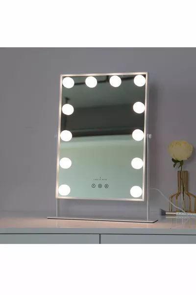 Miroir de maquillage à LED trois couleurs style Hollywood, tactile, rotatif, cadre métal - Blanc