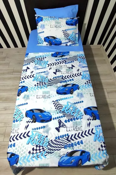 Единичен спален комплект с чаршаф с ластик, син, с количка за деца