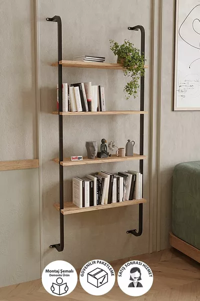 رف كتب جداري مزود بأربع رفوف، رف كتب ديكوري من الصنوبر