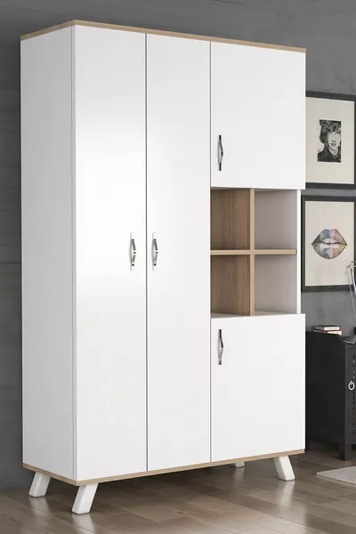 خزانة أطلس بيضاء بأربعة أبواب، متعددة الاستخدامات، مع رفوف وأقسام وحامل للملابس