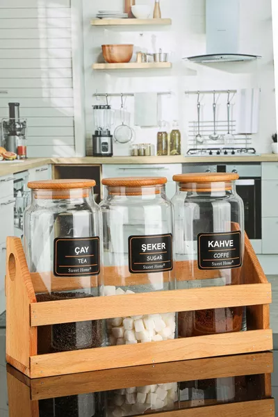 3-teiliges ml Tee-Kaffee-Zucker-Set mit Bambusdeckel, neu mit Ständer und Etikett