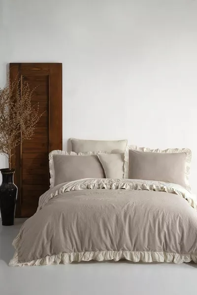 Ruffle % Baumwolle Gerüschtes Garn Gefärbte Doppelbett-Bettwäsche *