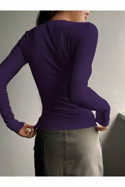 المرأة الأرجواني زر مفصلة Egged زر طاقم الرقبة كم طويل سروال قصير كاميسول بلوزة Bodysuit