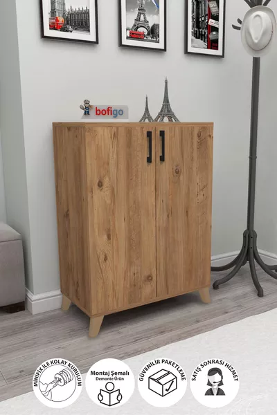 4-Shelf 2-Door Shoe Cabinet Multi-Purpose Cupboard Shoe Cabinet Ceren Pine