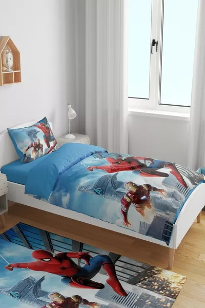 طقم لحاف سرير فردي للأطفال بنقشة الرجل الحديدي وسبايدر مان