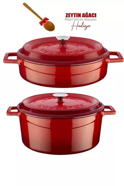 Trendy 2-Piece Cast Iron Pot Set cm Deep Shallow Red