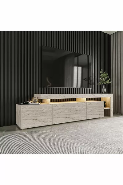 Beliz Modern LED Lighted 3-Door TV Stand with Shelves – cm - Travertine