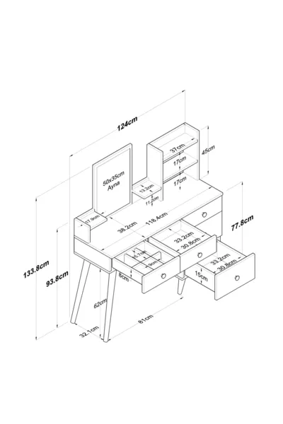 مكينة مكياج بأرفف وخمس أدراج مرآة ومنظم مجوهرات باللون الأبيض