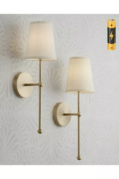 Современный дизайн 1 настенный светильник с LED и батарейкой, подключи и используй, состаренное золото, кремовый абажур, дневной свет, на батарейках