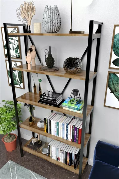 رف كتب معدني بخمسة أرفف للمنزل والمكتب، رف ملفات وكتب، شجر الصنوبر الأطلسي