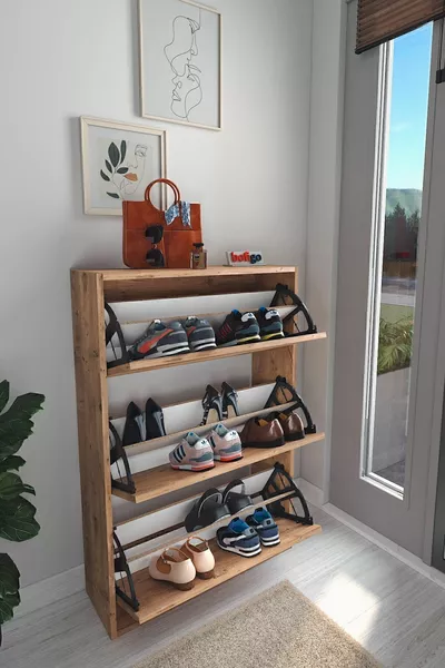 Drop-Front Shoe Cabinet Sliding Shelf Shoe Cabinet 3-Compartment Pine Shoe Cabinet