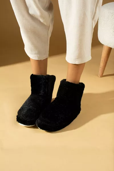 Women Black Penduf Casual Warm Lining Comfortable Sole House Boots Home Shoes