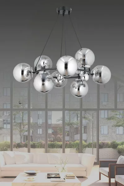 Motta 8-Light Pendant Chandelier with Smoky Globe Glass for Living Room, Bedroom, Kitchen
