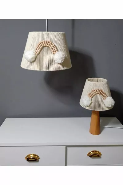 Ecru Macrame Chandelier Lamp Shade Set with Wooden Beads Suitable for Baby and Children's Room