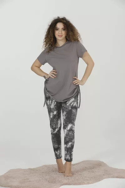 طقم بيجاما نسائي قصير الأكمام، تونك مع رباط جانبي وكشكش وسروال ضيق 