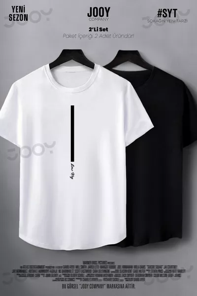 Low Key Bedrucktes Schwarz-Weiß Ovalgeschnittenes Slim-Fit T-Shirt 2er-Set
