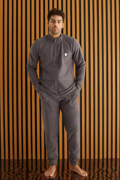 Grey Front Zipper Long Sleeve Fleece Men's Pajama Set