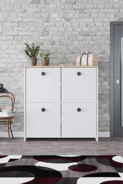 4-Door 4-Shelf Shoe Cabinet Oak White