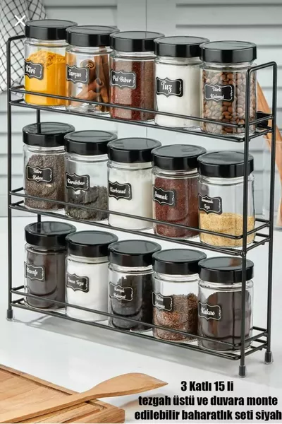 3 Katlı Metal Stantlı 'li Yuvarlak Cam Kavanoz Seti, 3 Katlı 'li Baharatlık Takımı