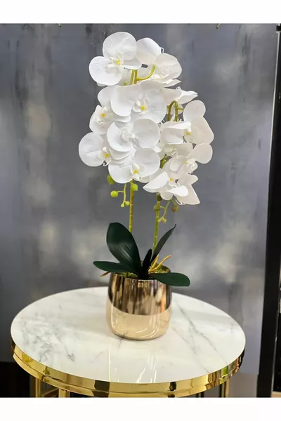 Каничка саксия с две клони на изкуствен орхидей злато